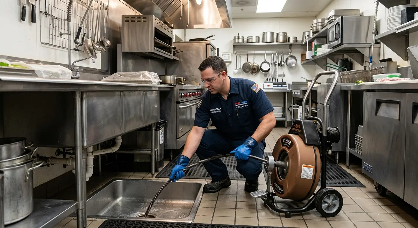 Commercial drain cleaning service in a restaurant kitchen in Manchester-by-the-Sea