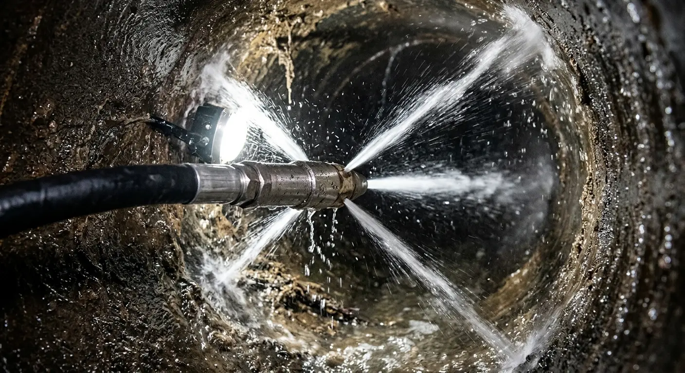 High-pressure hydro jetting nozzle cleaning sewer pipe for Trenchless Sewer Repair in Manchester-by-the-Sea
