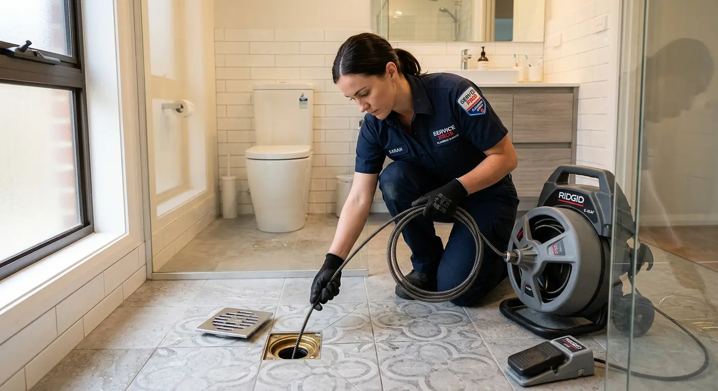 Technician clearing a bathroom floor drain for Drain Cleaning in Manchester-by-the-Sea